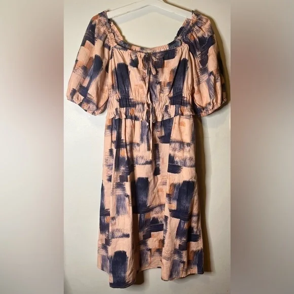 Universal Thread Pink Blue Pullover Puff Short Sleeve Elastic Waist Dress Medium - Picture 4 of 7